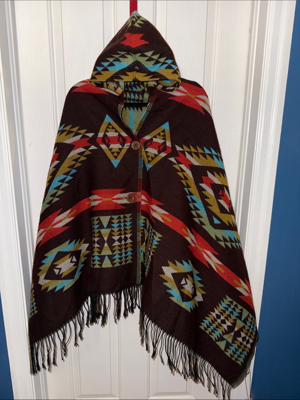 Mossimo Supply Co. Hooded Poncho in Brown with Red, Teal & Yellow Aztec Pattern